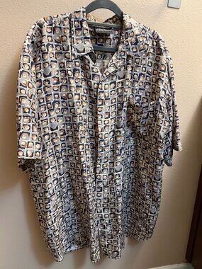 COLORE ITALIA SILK Luxury Button Down Short Sleeve Shirt Large Gray Gold Resort